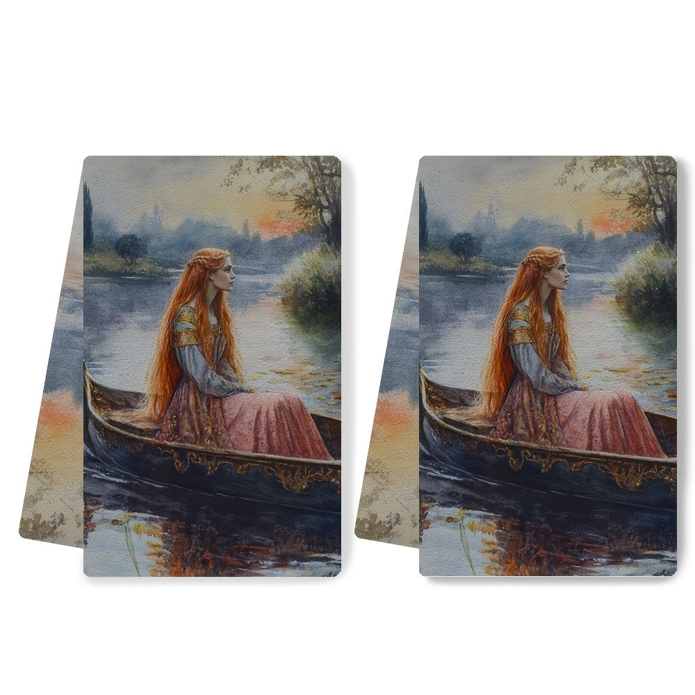 Two pieces of ultra-soft kitchen towels featuring "The Lady of Shalott" by John William Water Scene. These highly absorbent and machine washable dish hand towels measure 40.64x60.96 cm. They are made of contemporary polyester decor, perfect for use in