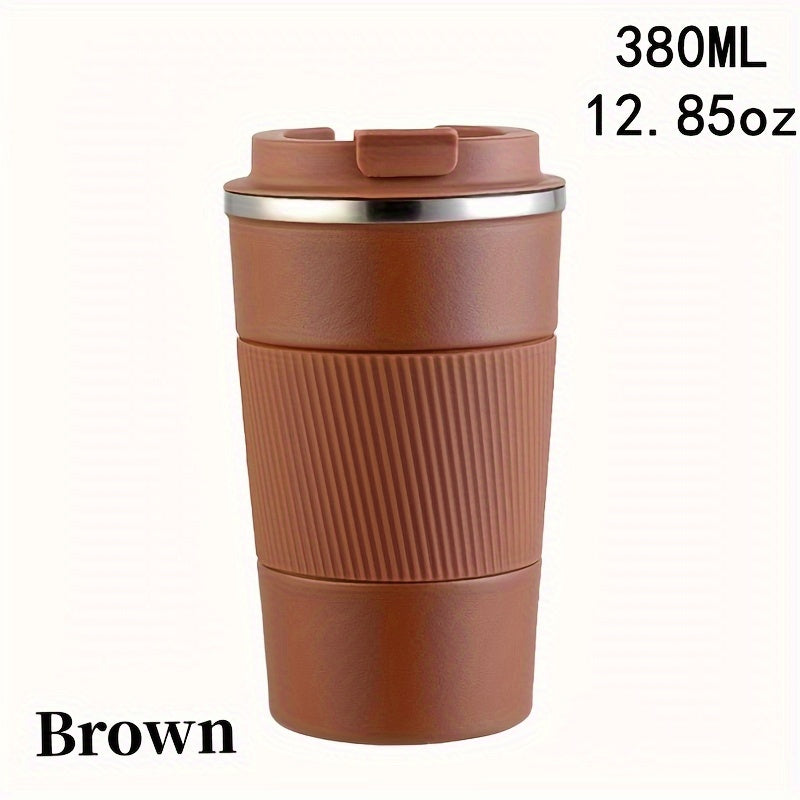 Stainless steel travel mug, available in 12.85oz or 17.25oz sizes. Features vacuum insulation for keeping drinks hot or cold, spill-proof leakproof lid, and double-walled design. Perfect for coffee, tea, or beer on-the-go. Reusable and durable.