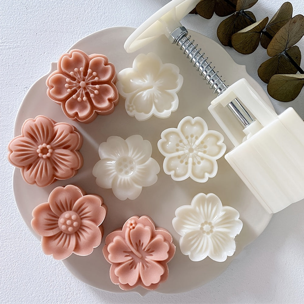 Mooncake embossed dessert plastic mold set includes 4 pieces. The set also includes a pressing mold.