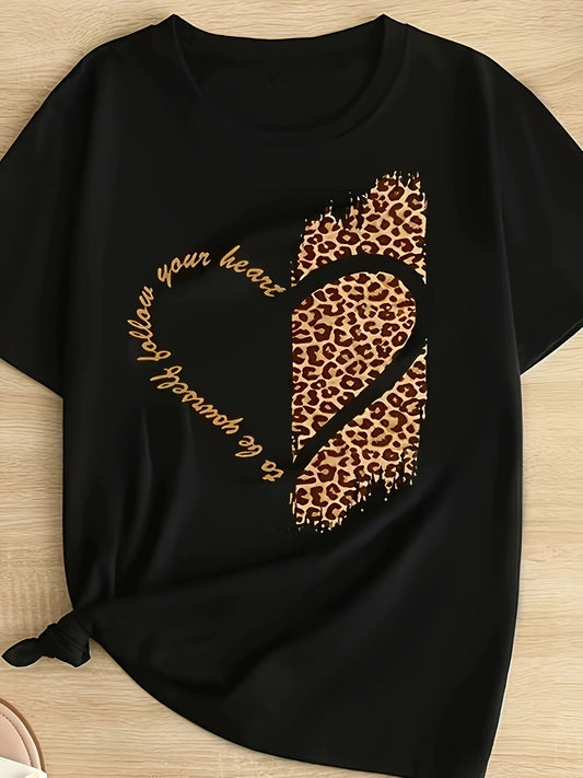 Leopard & Heart Print Plus Size T-shirt for Spring & Summer