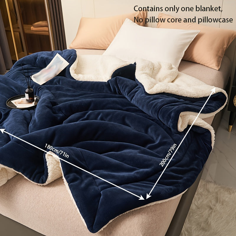 Luxurious Dark Blue Double-Layer Milk Velvet Shearling Throw Blanket - Soft, Warm, Contemporary Style, Machine Washable, All-Season Cozy Nap Blanket for Bed & Sofa - 1pc