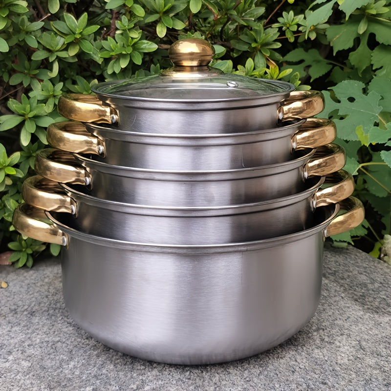 Introducing UAO, the perfect addition to your outdoor camping cooking gear. This large stainless steel soup pot comes equipped with dual handles and a glass lid, making it perfect for use on induction cookers. Its versatility allows for stewing, making