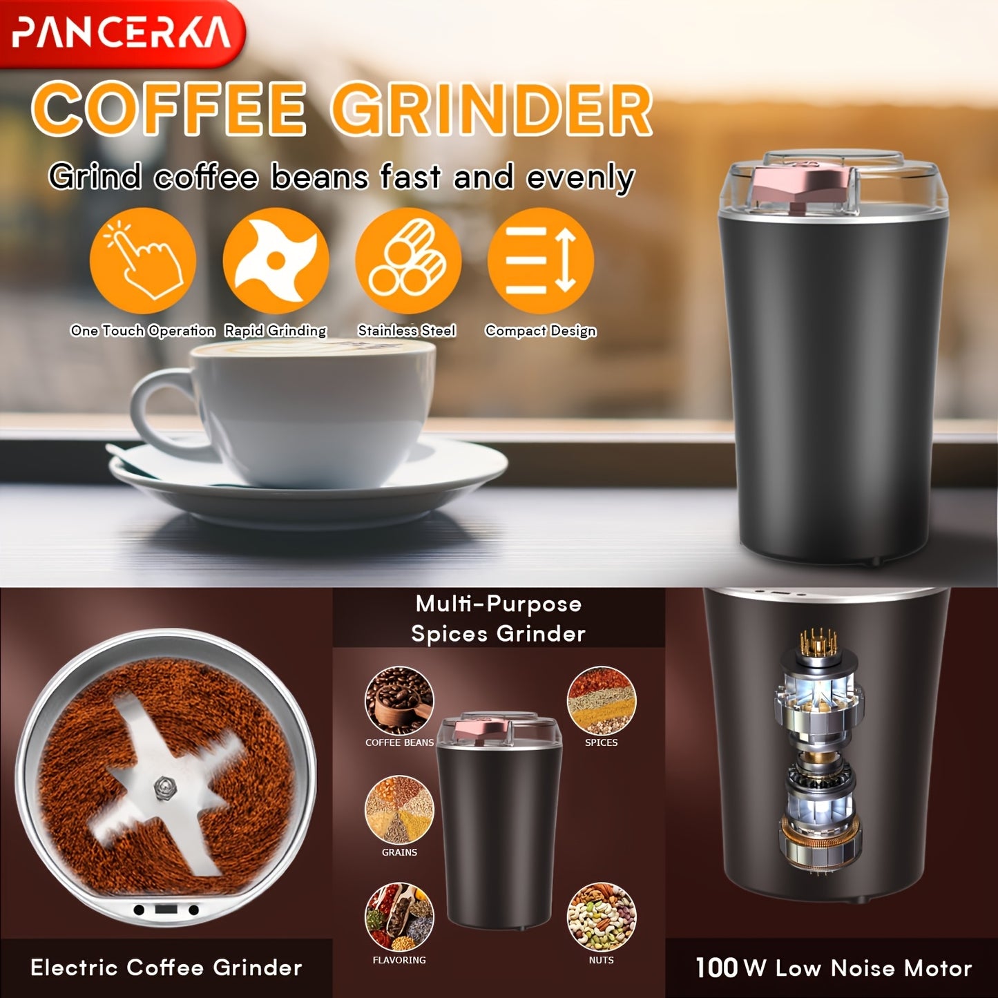 The PANCERKA Electric Coffee Grinder features a large capacity, stainless steel blades, one-touch operation, transparent lid, and a compact design with a safe locking system. It is easy to