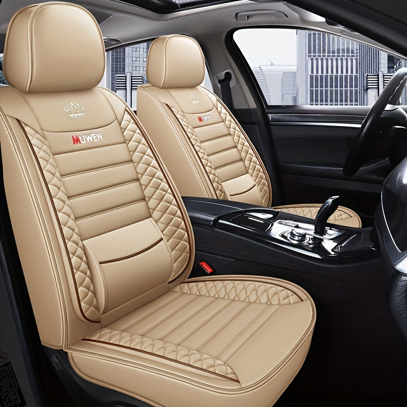 All-season faux leather car seat cushion cover with fixed lumbar support for universal front single seat fit.