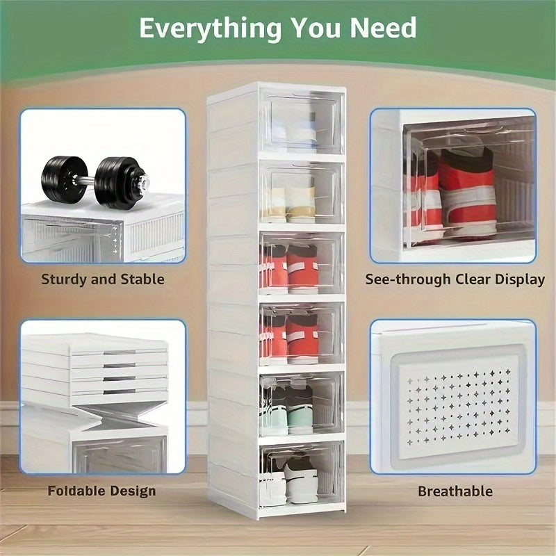 Free-Standing, Stackable & Dust-Proof Plastic Shoe Rack with Lid - Modern 6-Layer Foldable Storage Organizer for Entryway and Closet