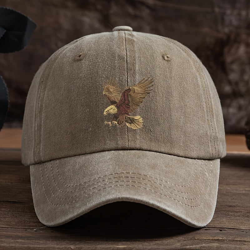 Men's adjustable dark blue baseball cap with eagle print. Made of machine washable polyester for sun protection and durability.