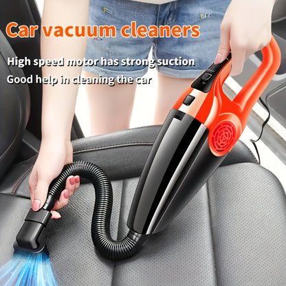 High-power car vacuum cleaner for wet/dry use in mini vehicles. Features ABS resin construction, one-click dusting, 50dB quiet operation, 0.4L dust cup, 5-5m cord, and car plug. No battery