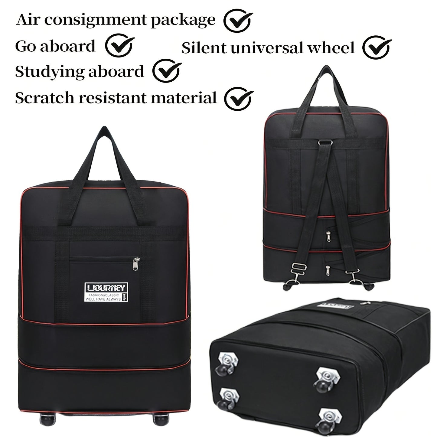 Foldable travel luggage bag with wheels for business trip, study abroad, and travel. Large storage capacity, expandable and portable.