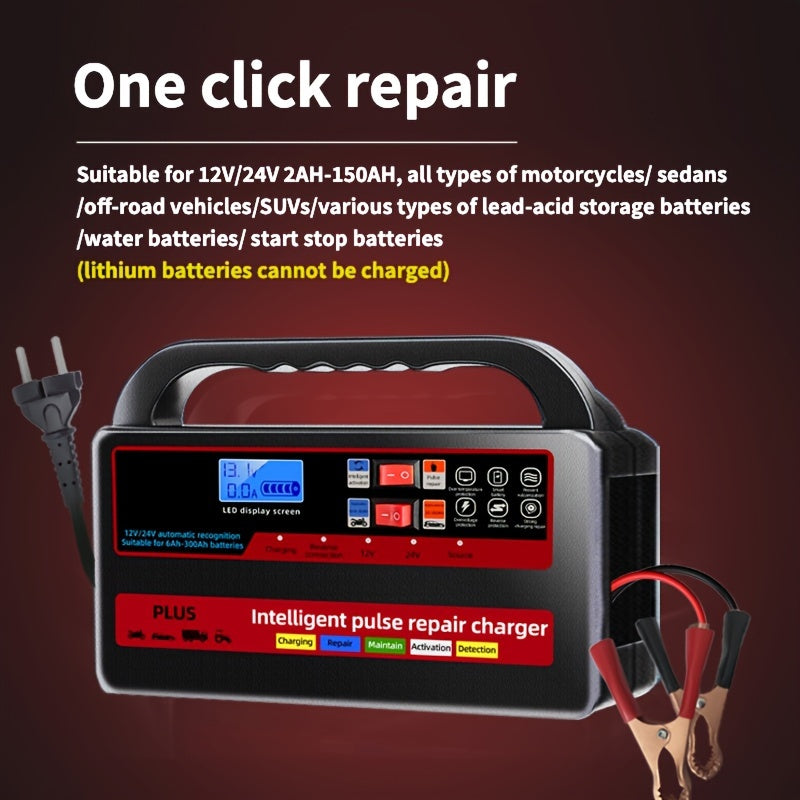 Kxiy 12V 24V car battery charger with digital display, automatic, high power, auto repair function, quick charge adapter, 220-240V AC power, EU plug.