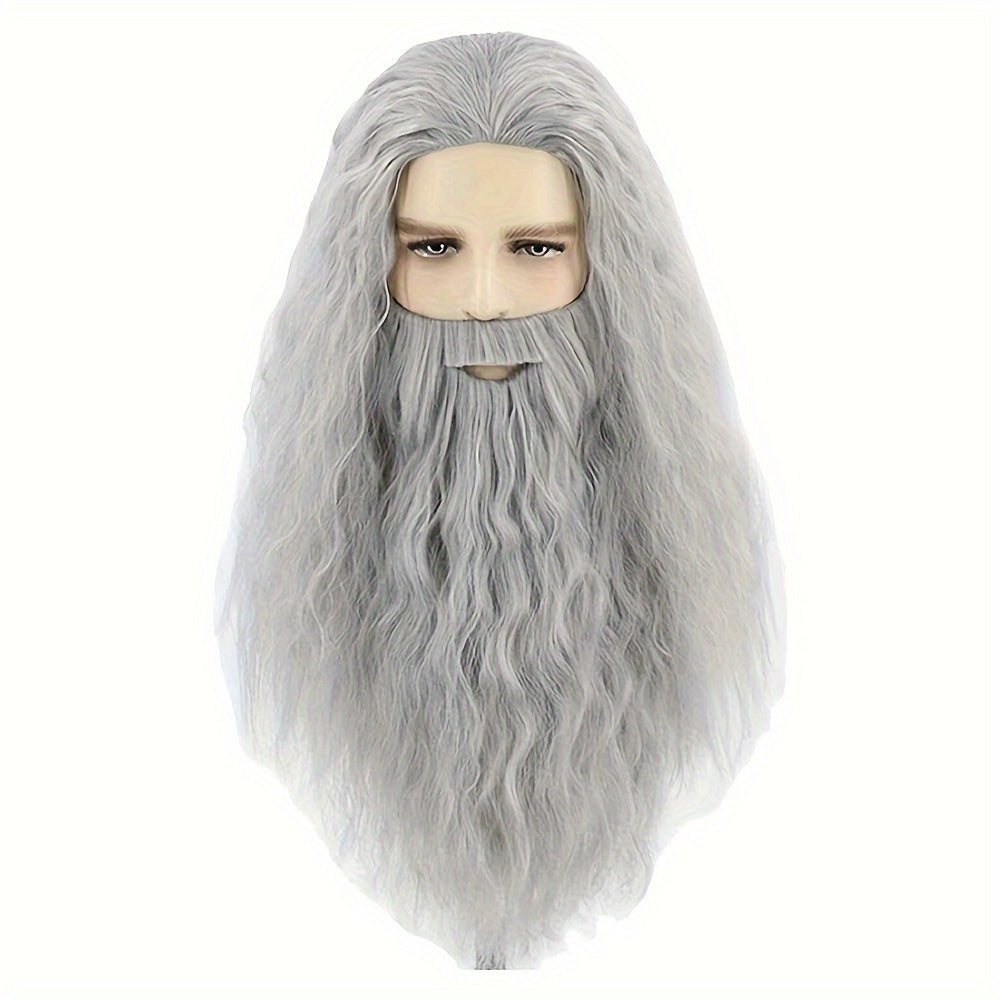 Get into the holiday spirit with our Long Gray and White Wizard Beard and Wig 2-piece set! Perfect for Halloween or Christmas dress-up, this men's wig and beard combo will have you looking like Santa himself. Embrace your inner wizard with this costume