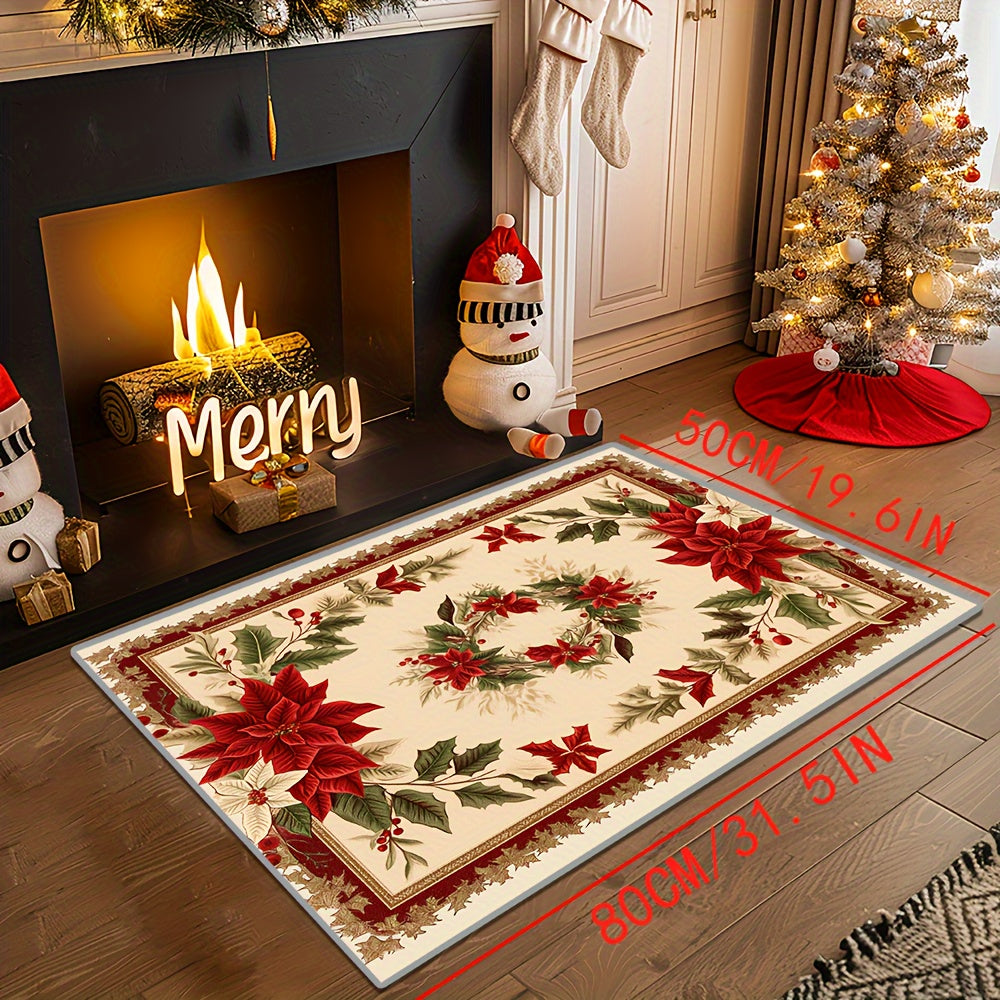 Indulge in the opulence of our Crystal Velvet Christmas Mat, boasting a plush 850g/m² weight and a luxurious 6mm thickness. Adorned with a stunning Poinsettia Flower design, this non-slip and dirt-resistant mat is incredibly soft and comfortable for any