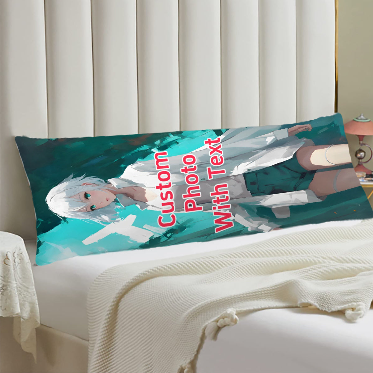 Get a Custom Anime Body Pillow Cover measuring 50.8x137.16 cm. This Personalized Photo Long Body Pillowcase features a Double-Sided Print and is made of Soft Plush material. Perfect for gifting on occasions like Halloween, Thanksgiving, Christmas, New