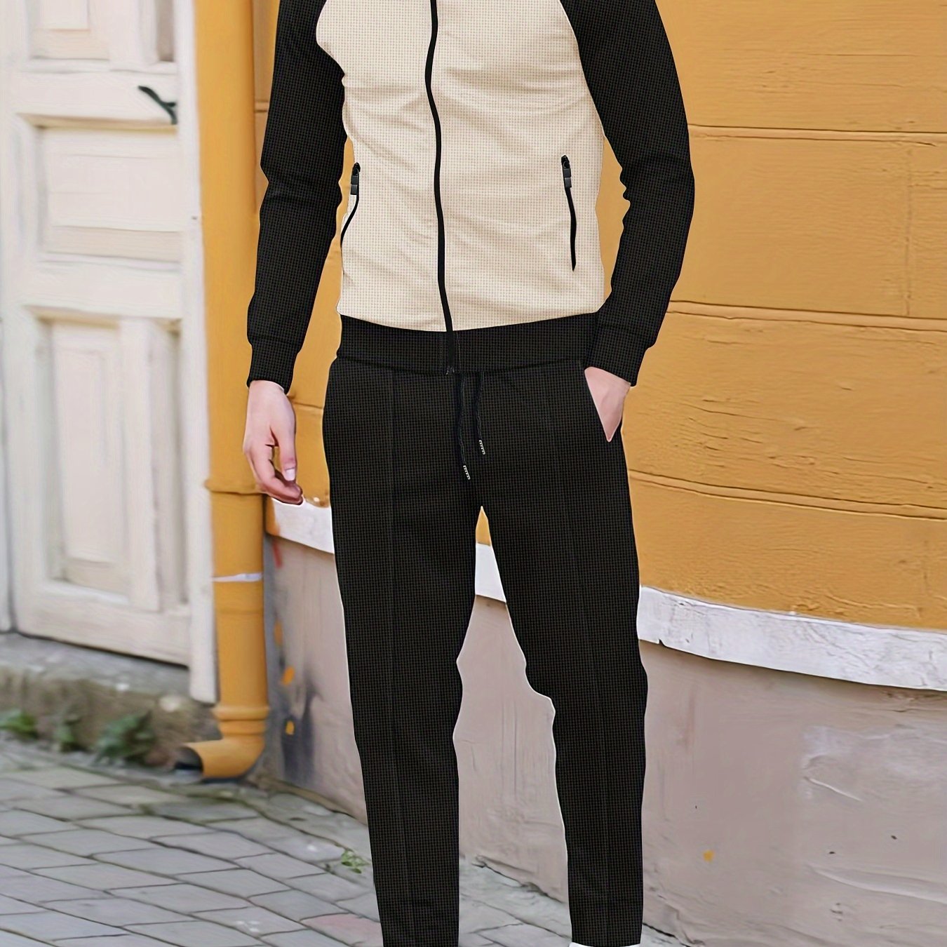 Men's Zip-Up Jacket and Joggers Set, ideal for Spring/Fall, made from a polyester blend, with a sporty color block design.