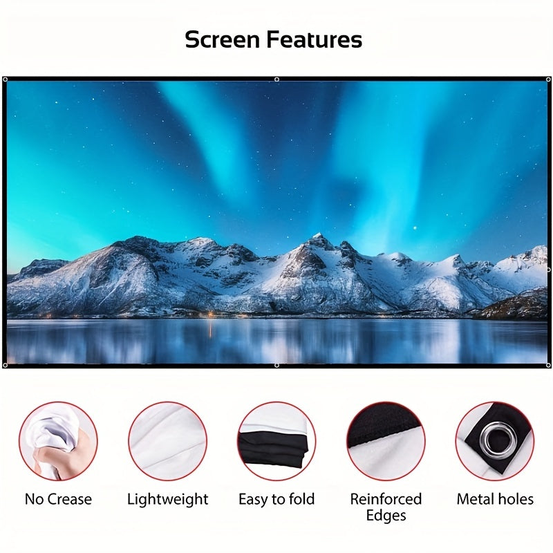 150-inch foldable 4K Ultra HD projector screen with wrinkle-proof polyester fabric, 16:9 aspect ratio. Ideal for home and outdoor use, compatible with dual-sided projection.