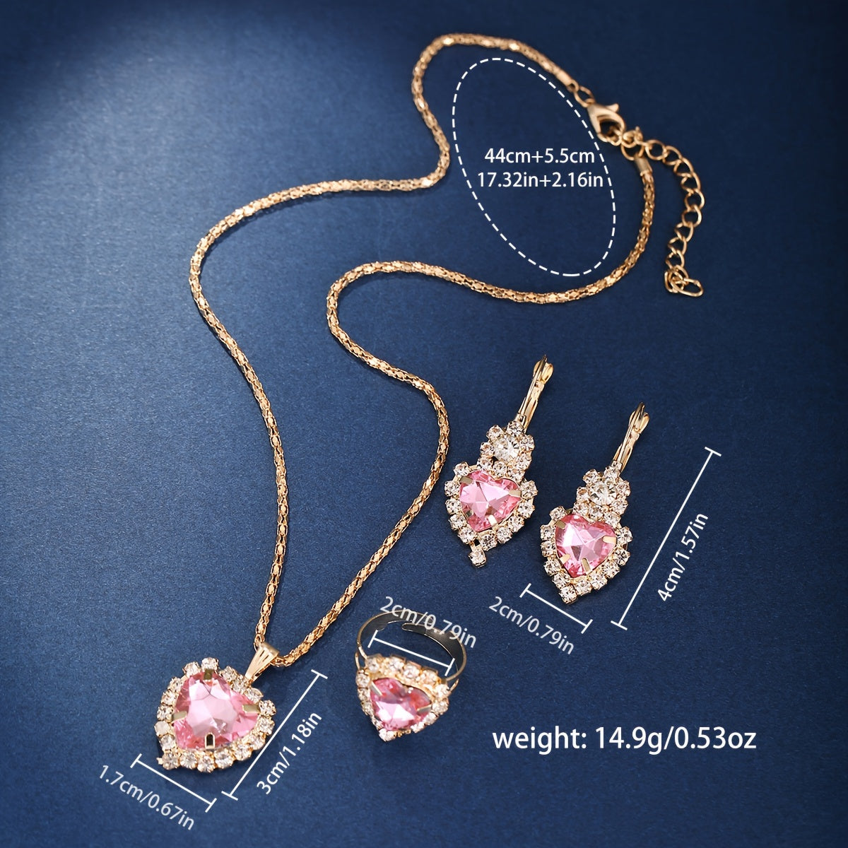 Stylish women's watch with pink gemstones and heart-shaped rhinestone jewelry set - Ideal gift for her, luxury fashion ensemble.