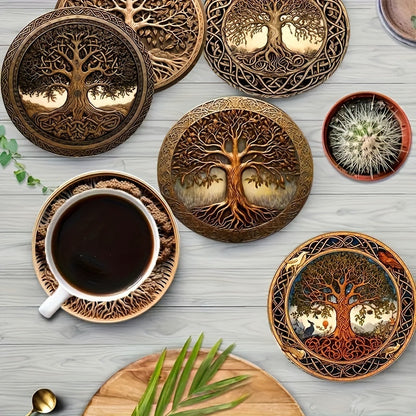 8pcs Tree of Life Wooden Coasters - Artistic Design, Ideal for Drinks, Coffee, Tea - Perfect Home or Restaurant Gift