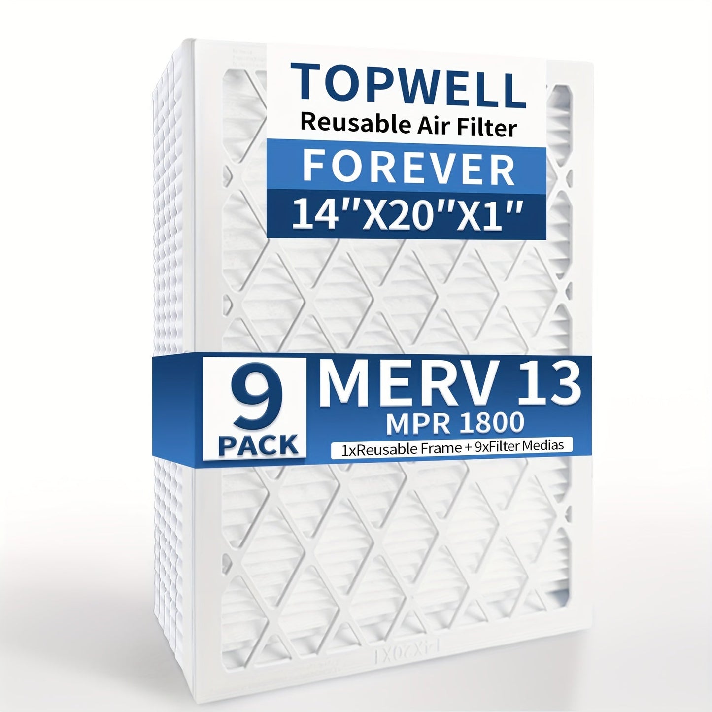 TopWell offers a set of 9 reusable air filters measuring 14x20x1 inches. These high-quality filters have a MERV rating of 13 and 1800 MPR, making them compatible with AC/HVAC furnaces. The filters come with a durable plastic frame, ensuring long-lasting