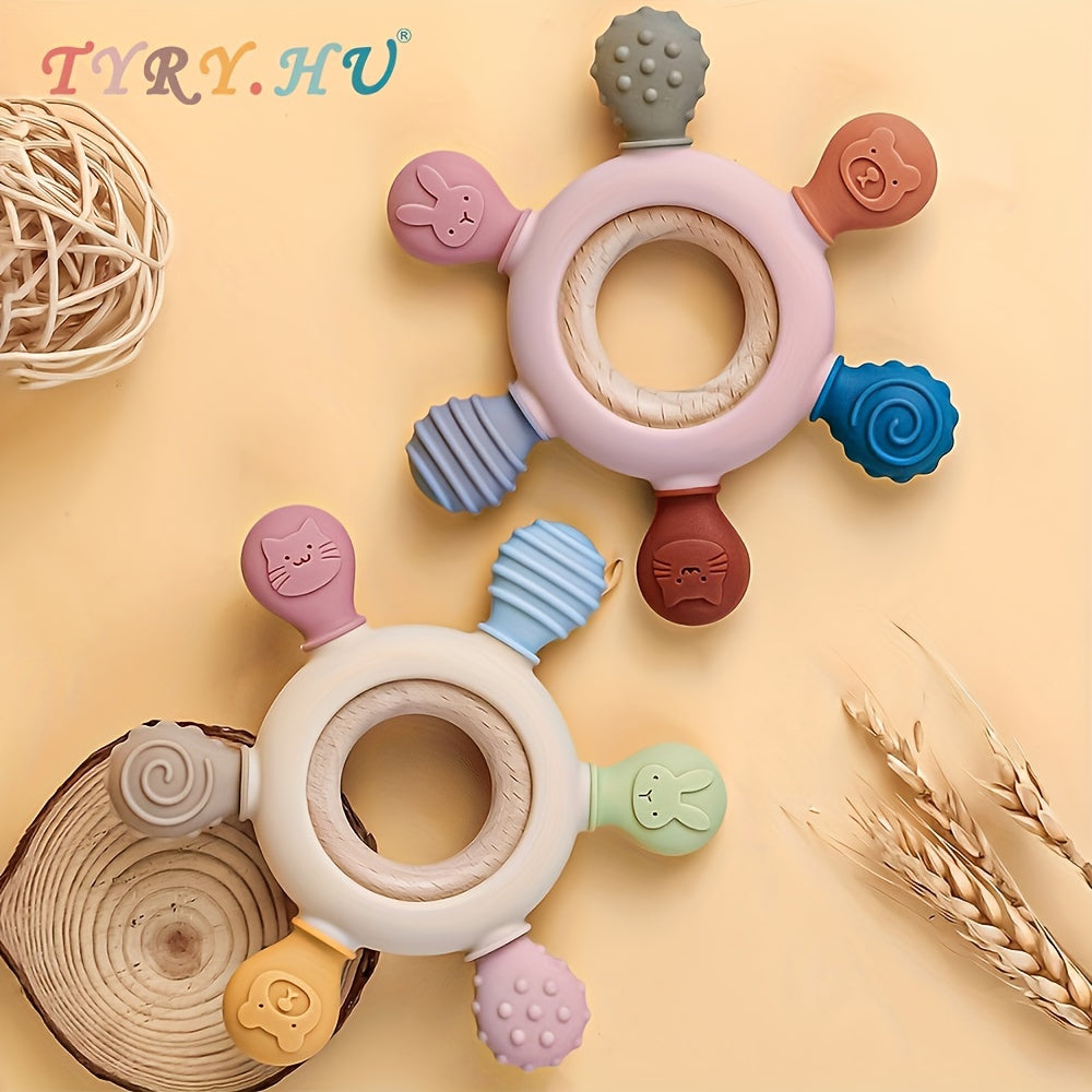 TYRY.HU Wooden Ring Silicone Teething Toy - BPA-Free, Safe and Non-Toxic Teether for Kids, Perfect for Christmas and Thanksgiving Presents