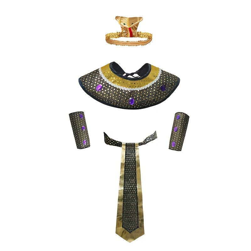 Costume set for women to dress up as an Egyptian Cleopatra for Halloween or a carnival party, complete with accessories such as a hat, neck belt, and wrist guard for a holiday role-playing experience.