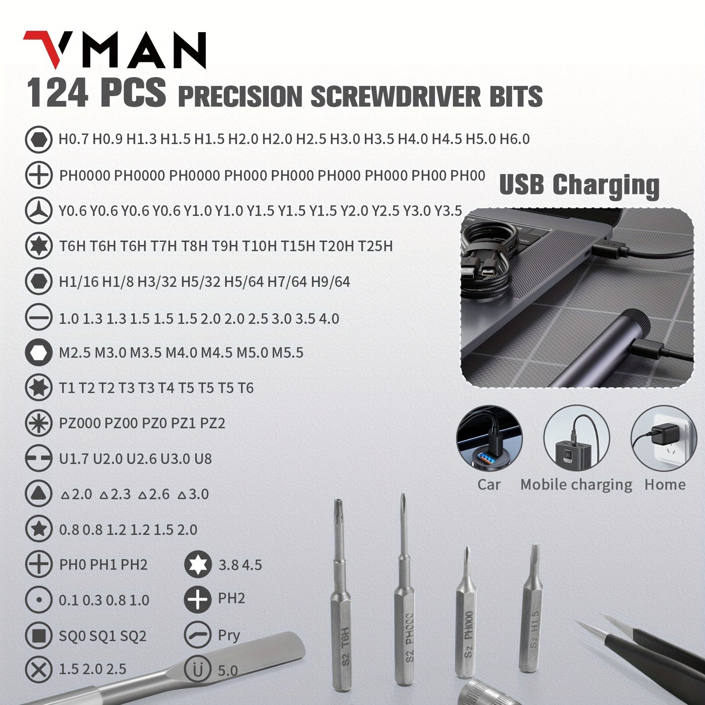 VMAN 138-in-1 Precision Electric Screwdriver Set with Battery/USB Dual Power Mode, Chrome Vanadium Steel, 230mAh Lithium Polymer Battery, ≤36V Operating Voltage for Mobile Phones, Cameras