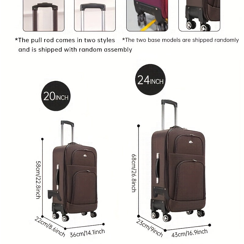 Suitcases measuring 50.8cm and 60.96cm with multi-color options, spinner wheels, telescopic iron handle, combination lock, and durable zipper closure. Ideal for secure and stylish travel