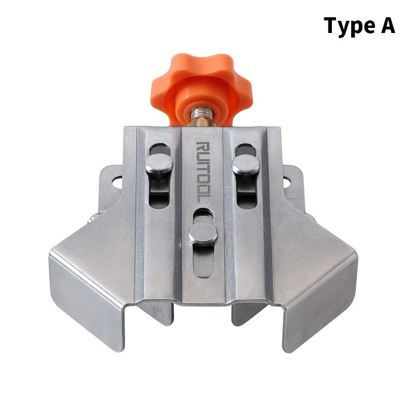 Stainless steel corner clamp for woodworking, with adjustable positioning and durable plastic components.