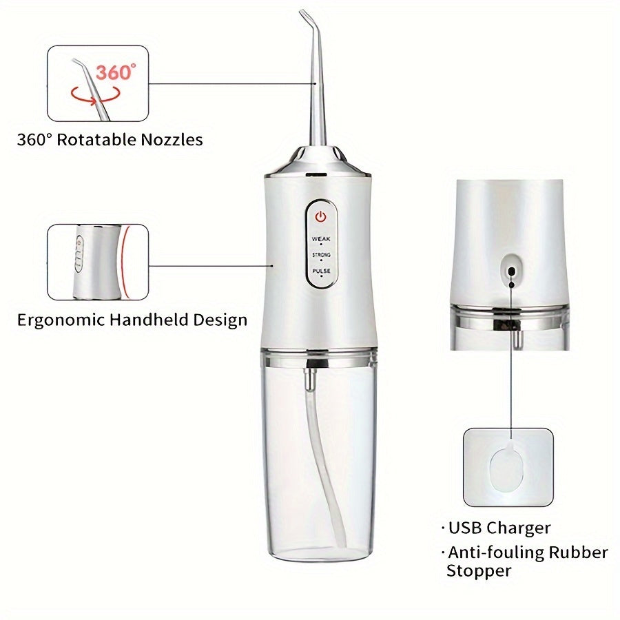 Portable rechargeable water flosser with 3 modes and 4 nozzle functions for dental hygiene on-the-go.