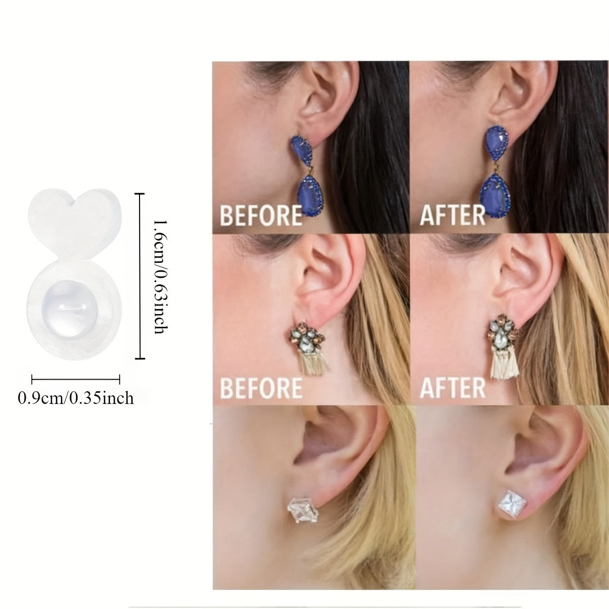 Silicone ear post backs provide invisible support for heavy earrings, preventing earlobes from drooping. This safe solution is ideal for studs and pendants.