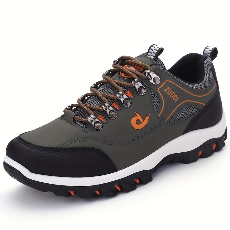 Large men's hiking boots and casual sports shoes with lace closure, solid color, lightweight design, and durable construction for outdoor activities.