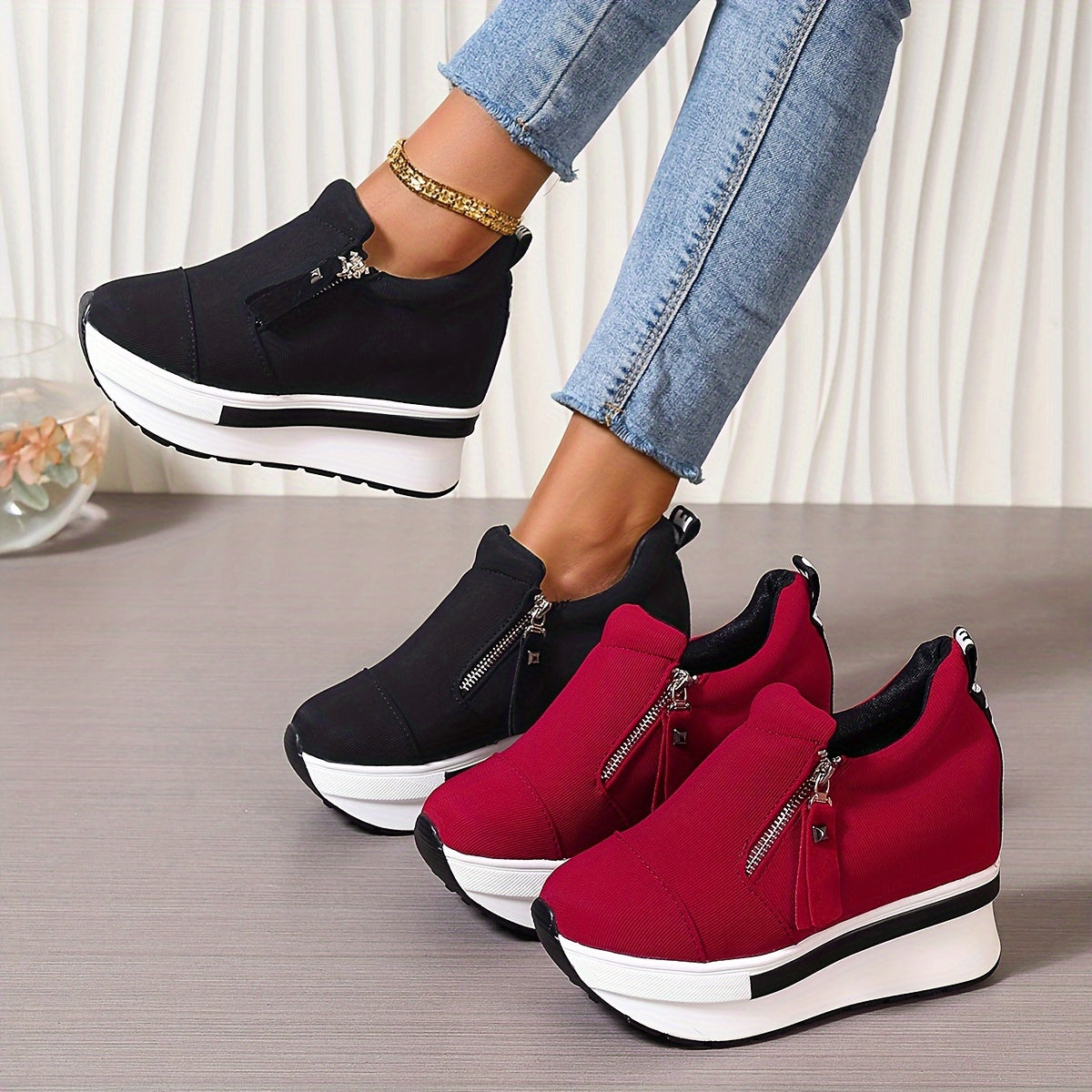 Women's Solid Color Sneakers with Double Side Zipper, Comfortable Inner Heightening for Outdoor Fashion.