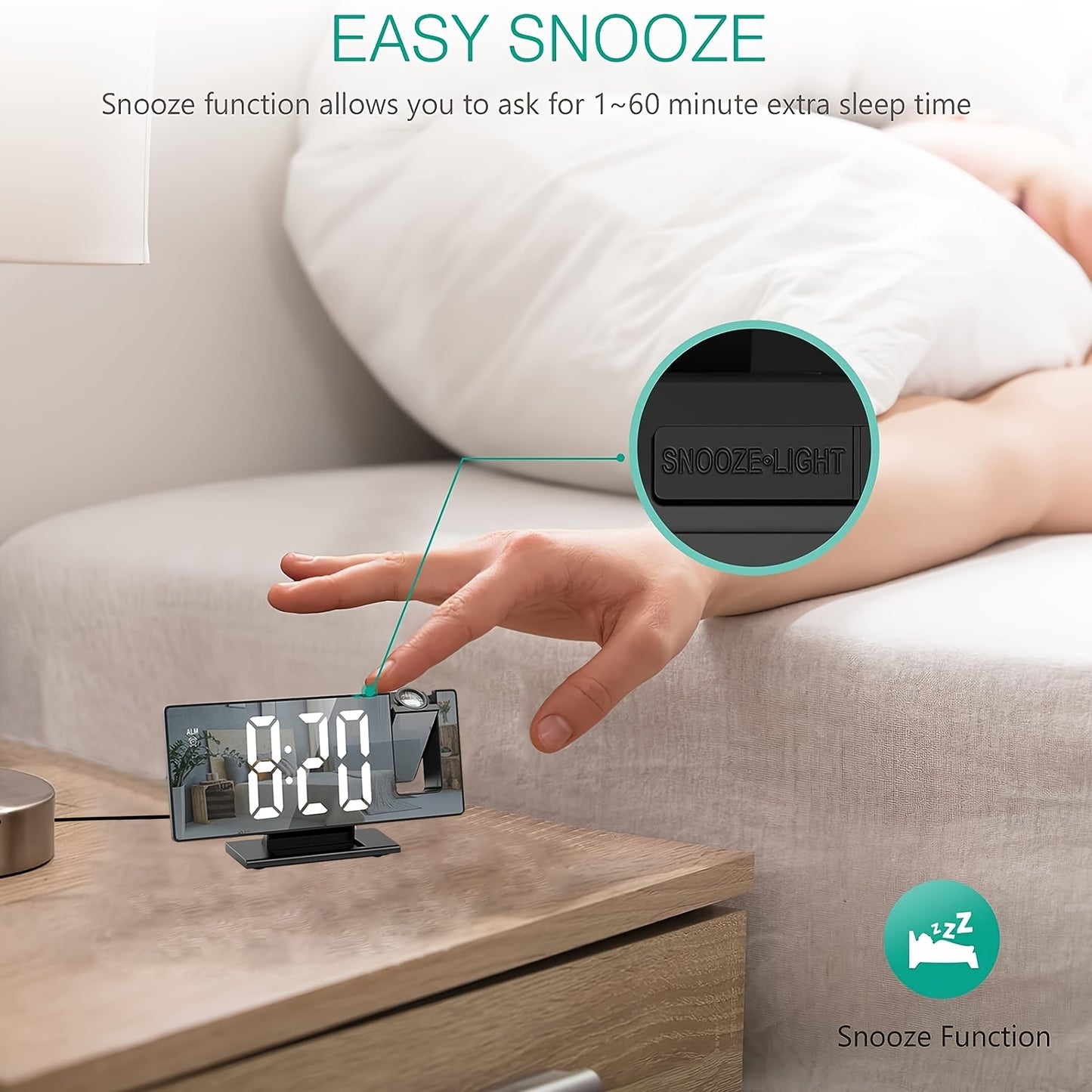 Adjustable LED projection alarm clock with snooze, temperature display, mirror design, USB powered. Suitable for bedroom, home office, or living room. Features black rectangular frame, high-definition display, night mode, memory function. Ideal for