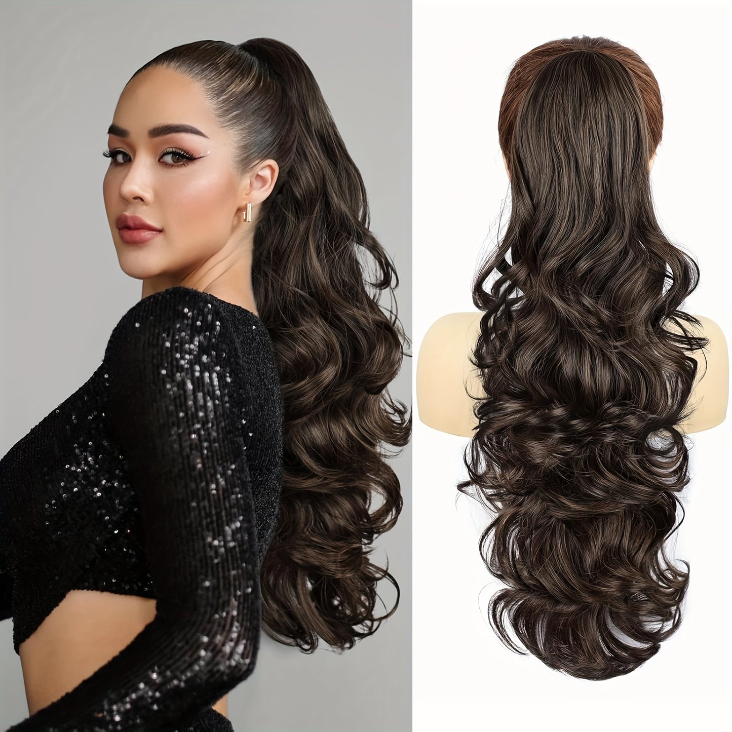 YUSULAXI 71.12cm Deep Wave Claw Clip Ponytail Extension - Soft, Voluminous Synthetic Hairpiece in Brown with Water Wave Texture for All Women