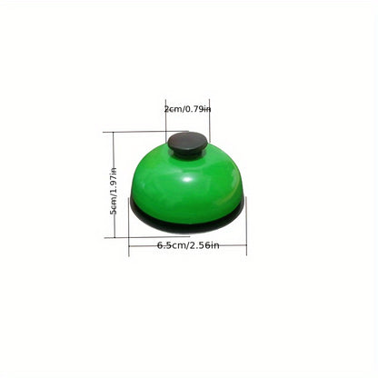 Colorful metal hand-press training bell for dogs & cats with red, yellow, & green bells on black background. Durable & easy-to-use pet trainer.