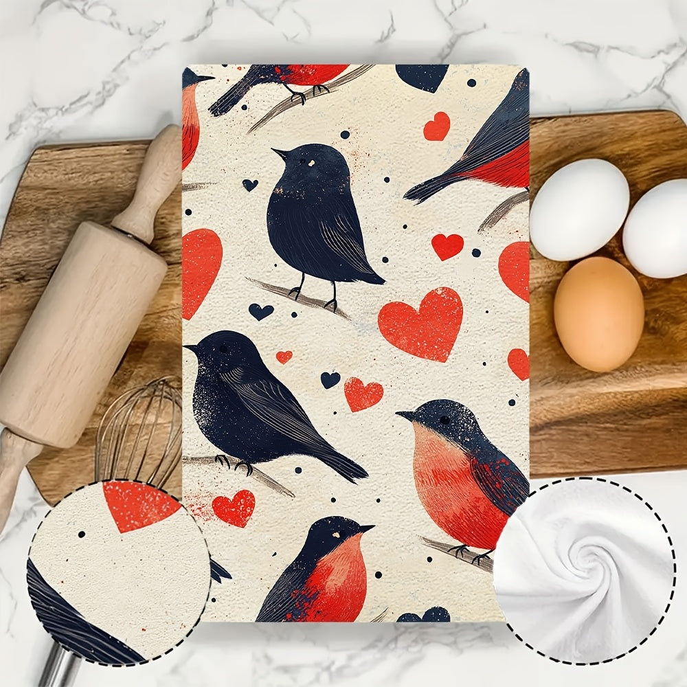 Two ultra-soft kitchen towels decorated with birds symbolizing Valentine's Day. These highly absorbent dish towels are perfect for holiday decor, machine washable, and measure 40.64x60.96 cm.