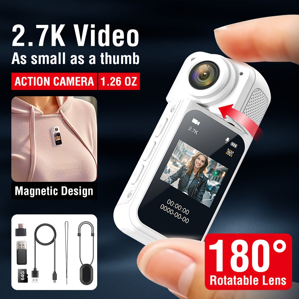 2K Thumb Action Camera, lightweight POV camera with magnetic lanyard, portable body camera with IPS screen, 180° rotating lens, wearable pocket camera for vlog with 64G card.