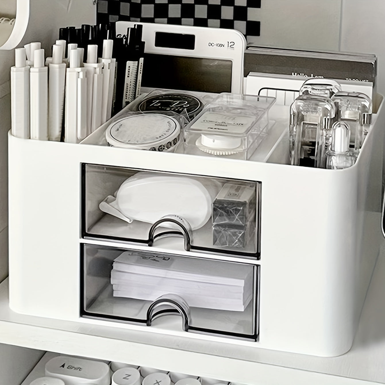 Desktop storage with drawer and pen holder, high-capacity and aesthetic, perfect for student stationery organization.