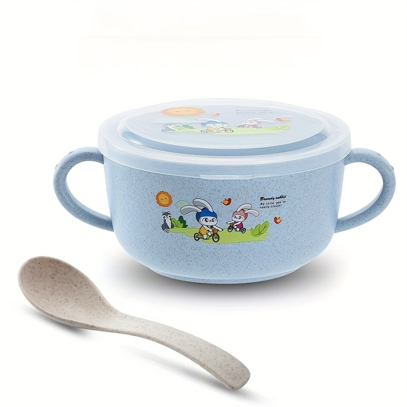 Cartoon-themed bowl with cutlery, insulated to prevent spills, featuring double handles and a lid. This versatile eating bowl is microwavable and perfect for serving fruits or snacks.