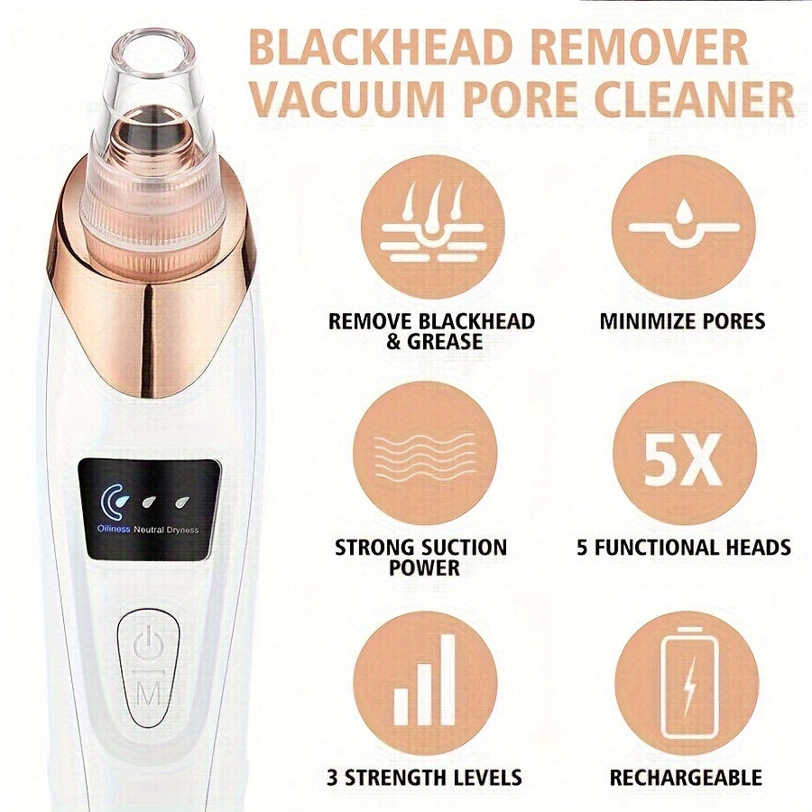 Sunhill Blackhead Remover Vacuum with 5 suction levels, USB charging, and 400mAh lithium polymer rechargeable battery. Includes 4 beauty heads for multifunctional cleaning.