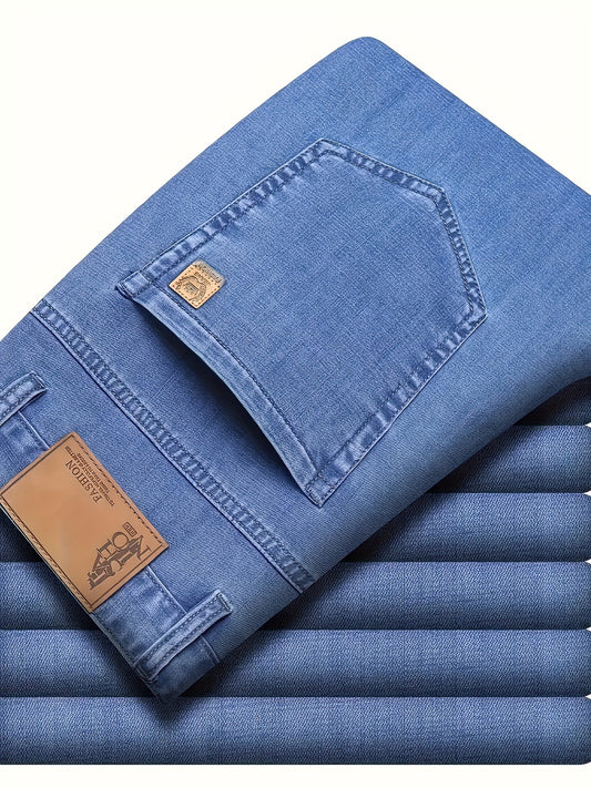 Summer jeans for men, regular fit with breathable lightweight denim and pockets.