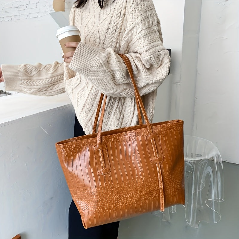 Women's large capacity tote bag with crocodile pattern synthetic leather, zipper closure, black & beige options, ideal for everyday use.