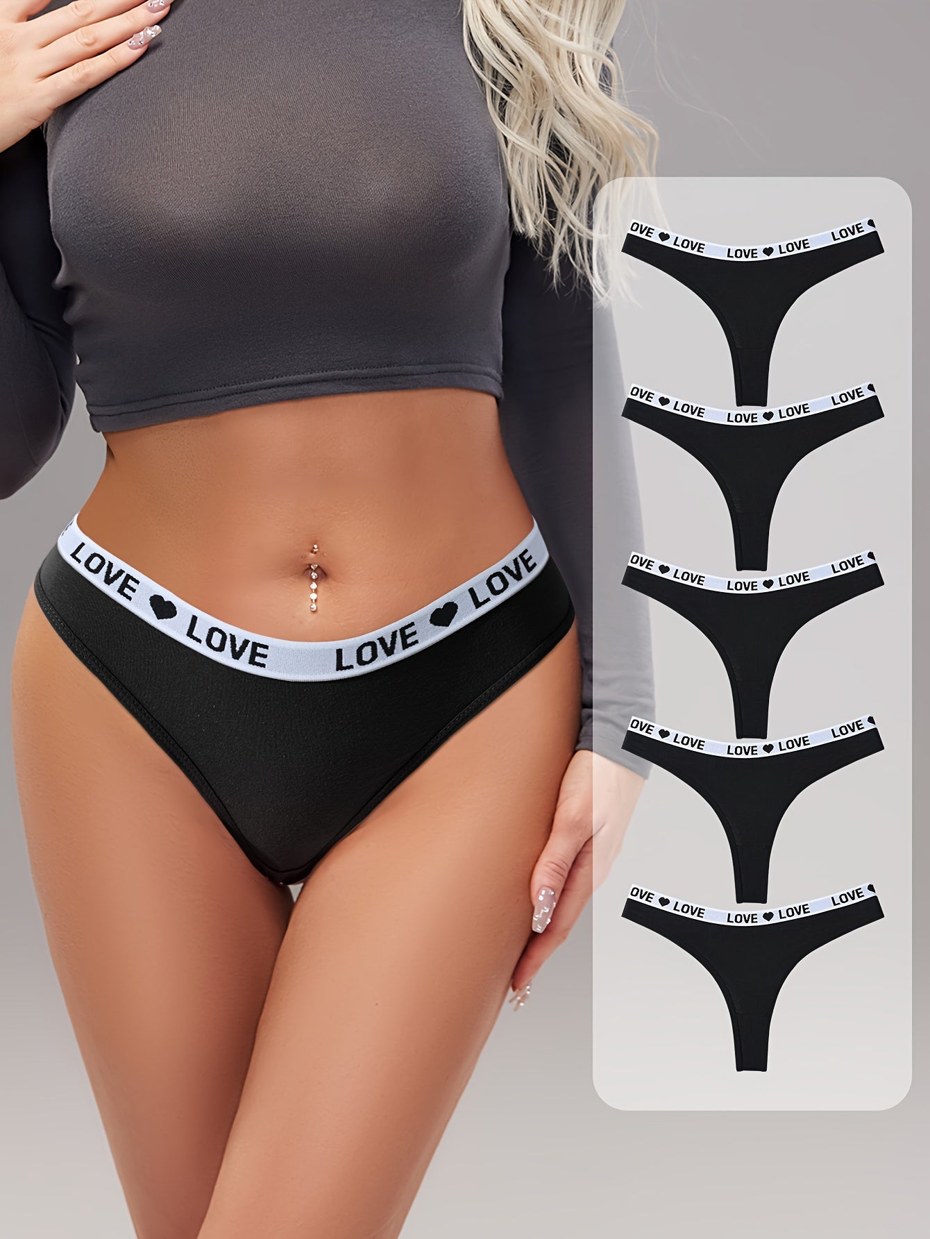 5 pairs of letter print color block thongs, sexy and comfortable breathable stretchy panties for women.