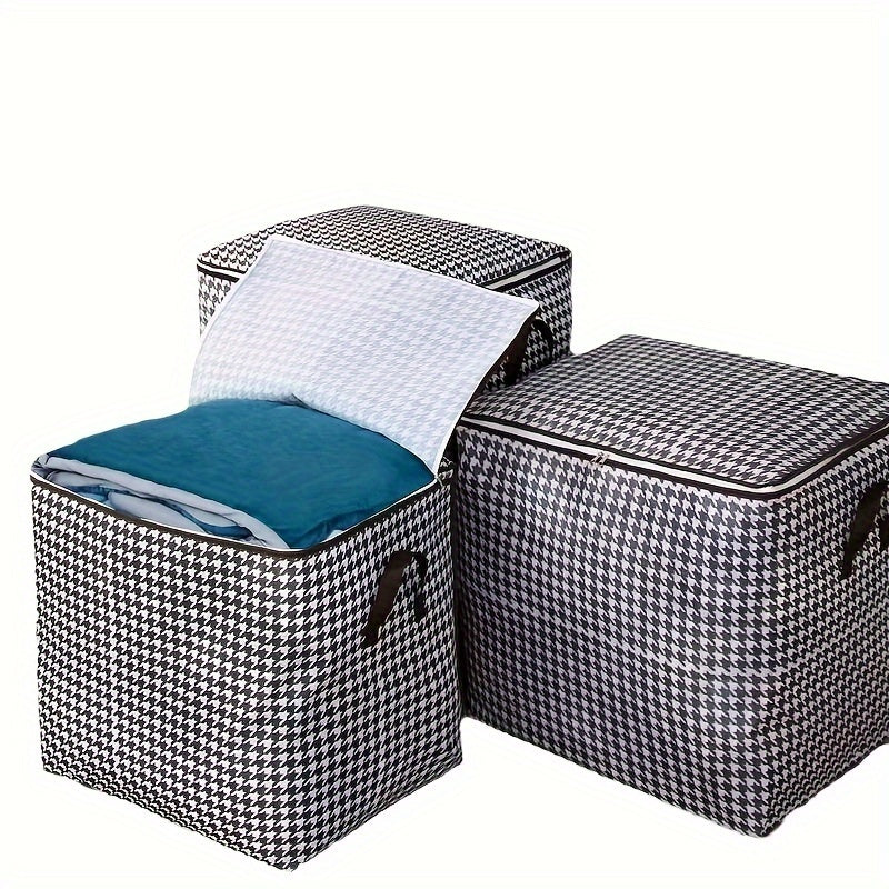 This storage box features classic houndstooth fabric with a thickened design for storing clothes, quilts, and other items. It is dustproof and moisture-proof, and includes a double zipper and handles for easy access. Perfect for use at home, while