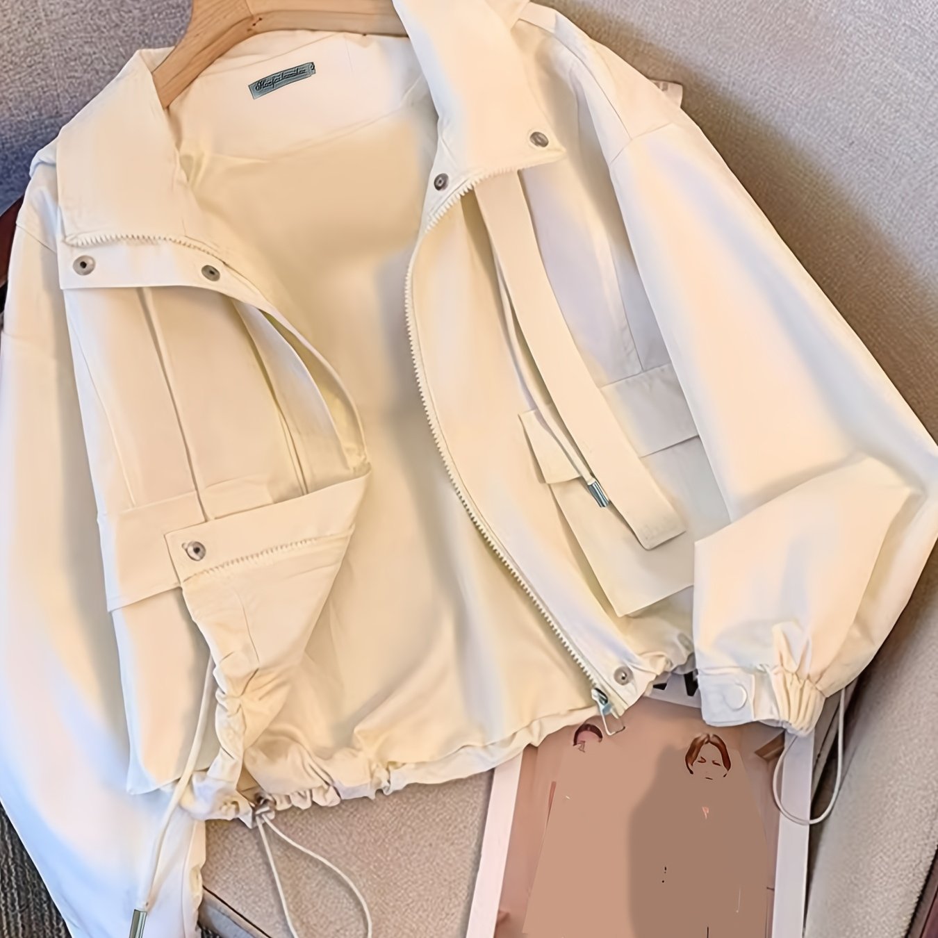 Women's casual polyester windbreaker jacket with pockets, solid color knit fabric, fashionable lightweight trench coat for Spring/Fall 2024.