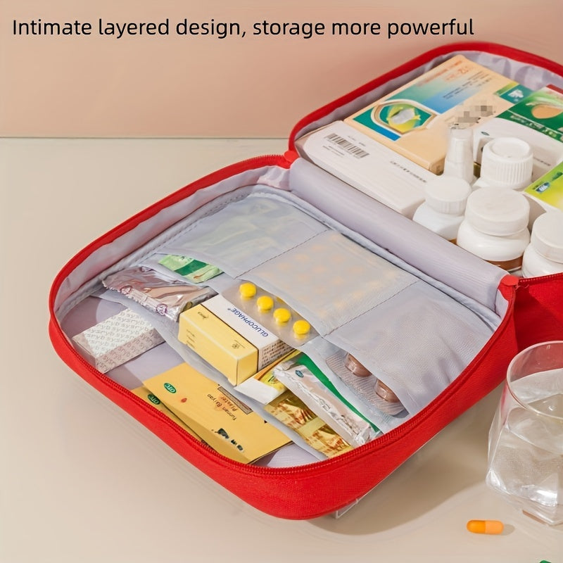 Portable first aid kit with large capacity, foldable storage for home, travel, and car emergencies.