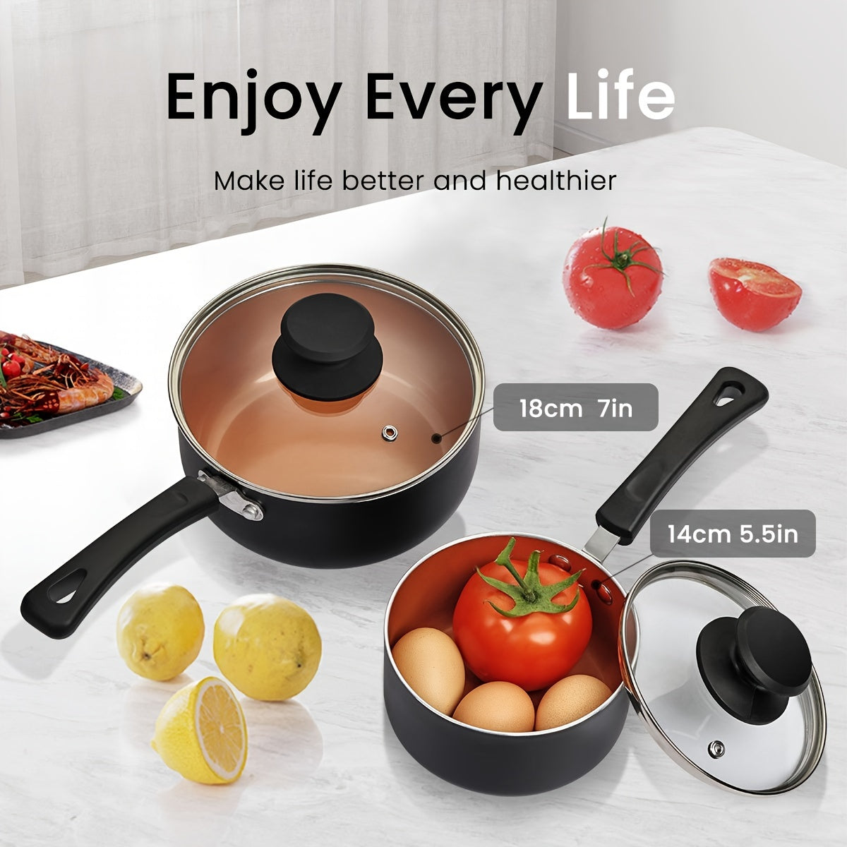 Nonstick Saucepan Set with Lid, Includes 1 Quart and 2 Quart Sauce Pots, Stay-cool Handle, Induction Compatible, Black and Golden Finish, PFOA Free