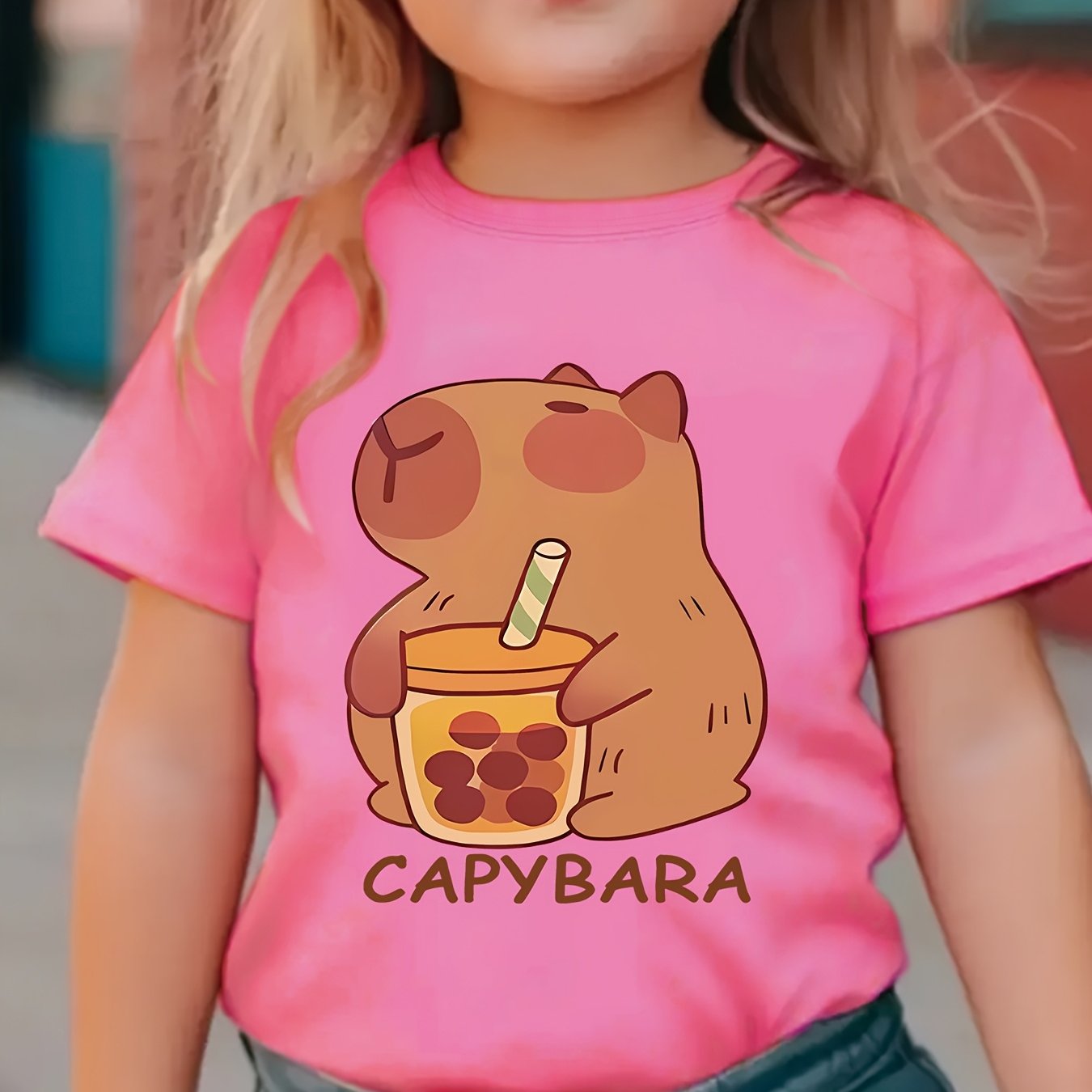 Girls' cozy round neck t-shirt with capybara drinking milk tea pattern, perfect for spring and summer.