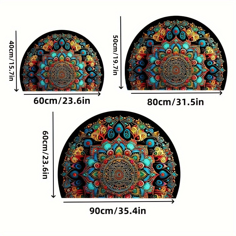 This outdoor doormat is made of finely woven high-density fine sand imitation cashmere material with a TPR bottom, featuring a half-round bohemian mandala element design. It is non-slip, wear-resistant, thick, soft, skin-friendly, and shedding-free