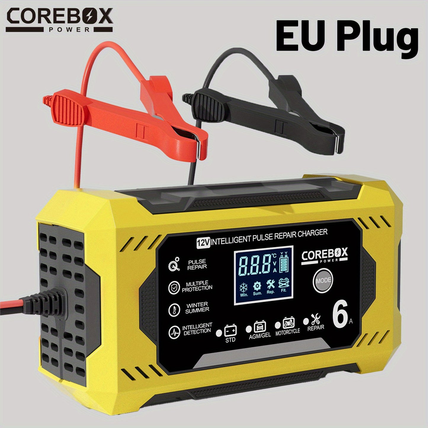 COREBOX EU Plug Battery Charger for vehicles and machinery with LCD Display, 12V 6A. Suitable for Lead Acid batteries.