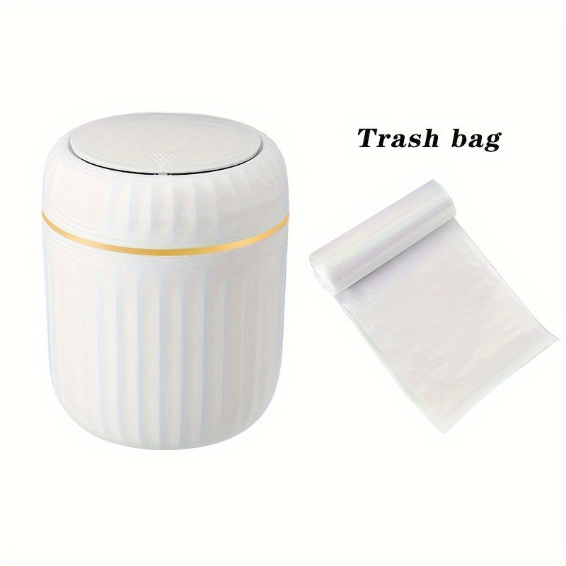 Press-top desktop trash can with durable PP plastic, Roman stripe design and lid for office, living room, and study area. Creative recycling bin.