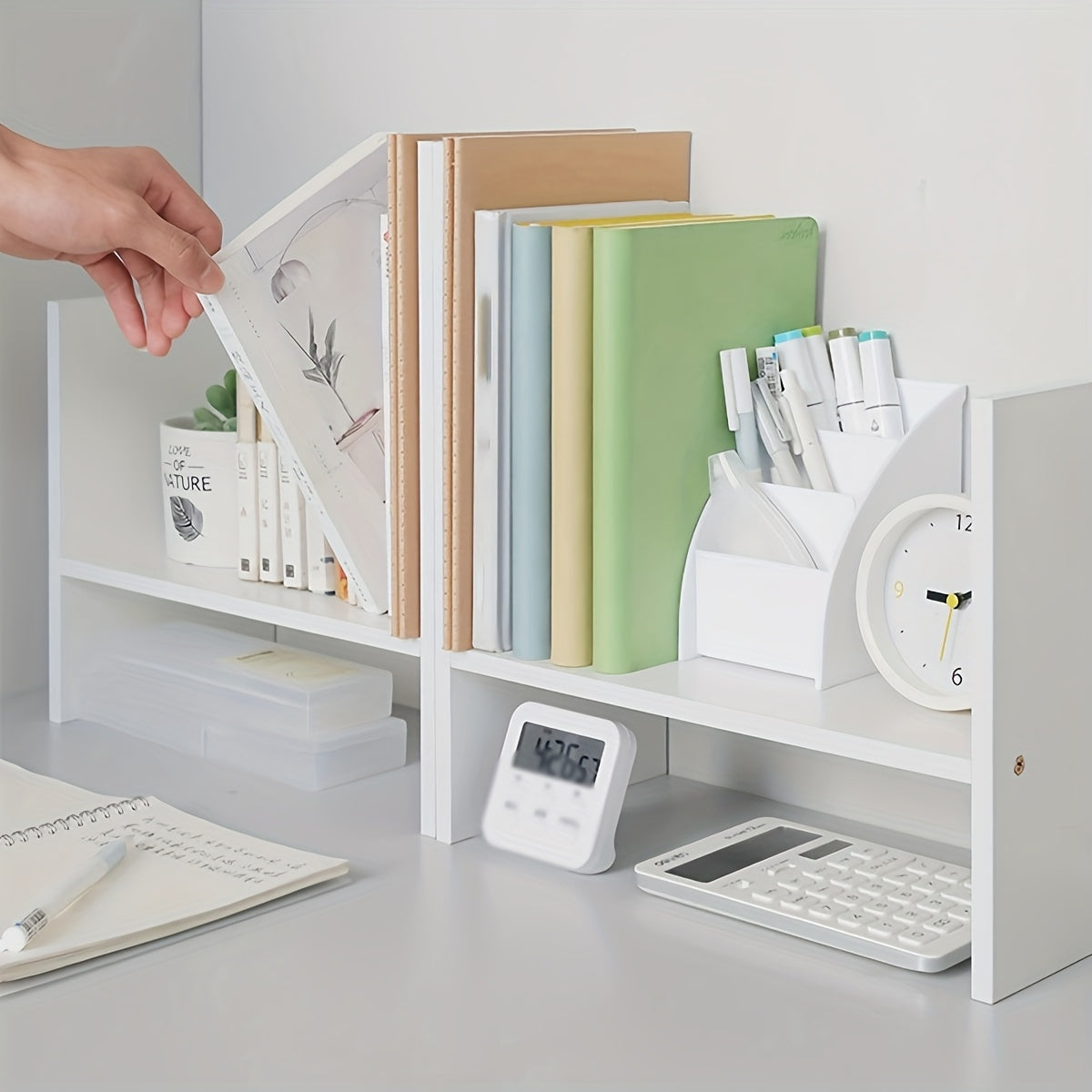 White wooden desk organizer with bookshelf for office and dorm storage; keeps workspace tidy.